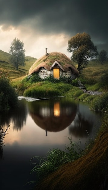 A house by the water with a thatched roof