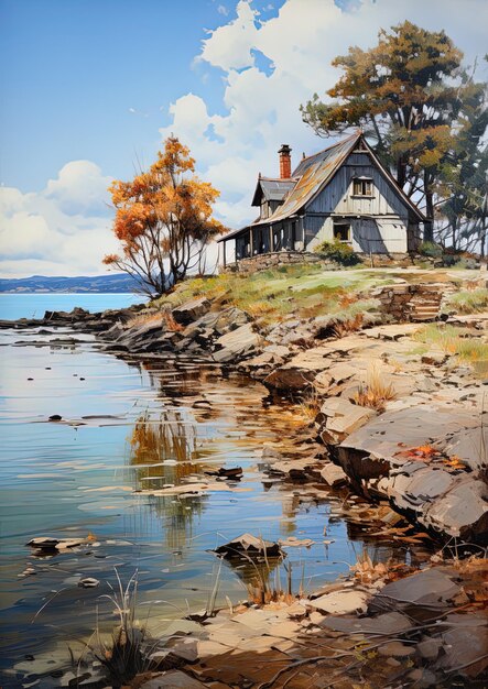 a house by the water with a tree in the background