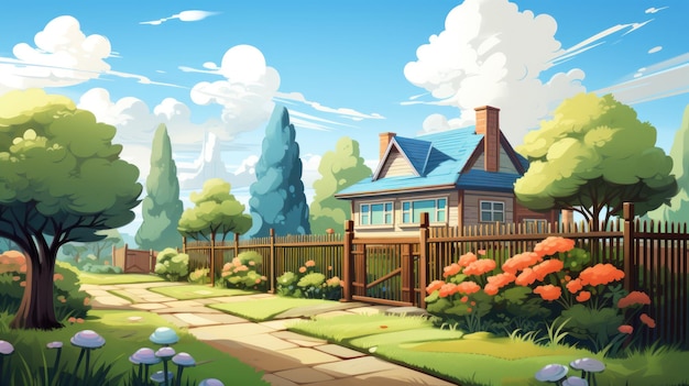 Photo house cartoon house illustration in spring or summer with backyard and fence