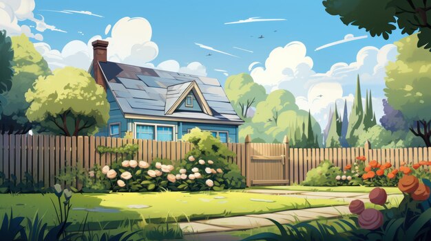 庭とフェンスのある春や夏の漫画の家 ⁇ 