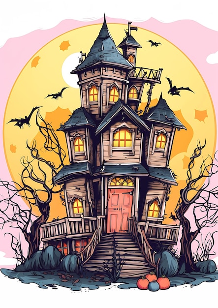 house cartoon illustration scary roof staircase leading halloween tall door shirt nobody living