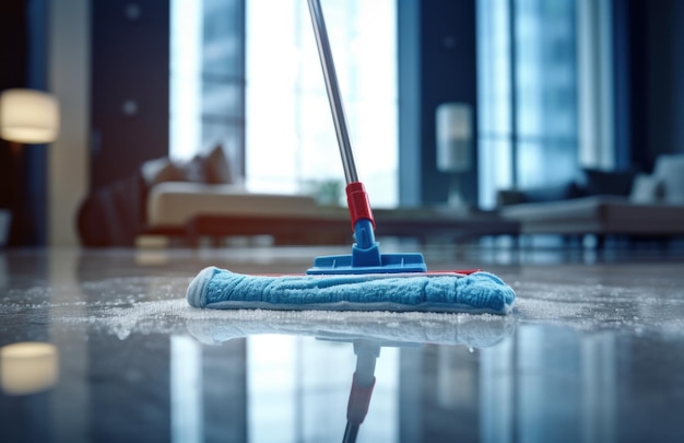 house cleaning in city with blue mop on top of glass