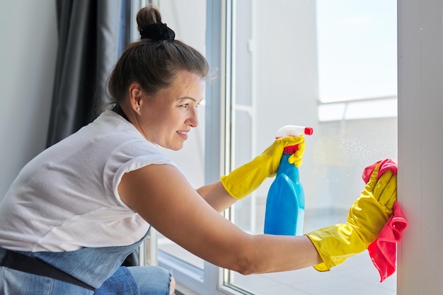 house cleaning mature woman in rubber gloves wearing an apron washing windows with rag and spray with detergent housework housekeeping household cleanliness concept