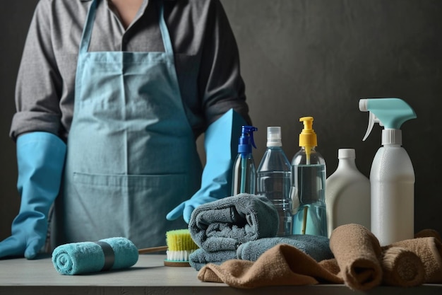 집 청소 준비 회색 옷을 입은 남자가 청소 작업을 위해 병 고무 장갑과 수건을 보여주는 청소 장비를 설정합니다.
