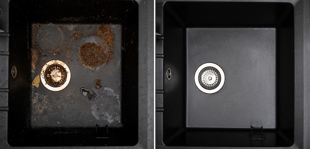 House cleaning service granite kitchen sink black with leftover bits of food before after washing