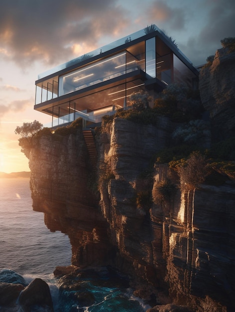 Photo a house on a cliff by the sea