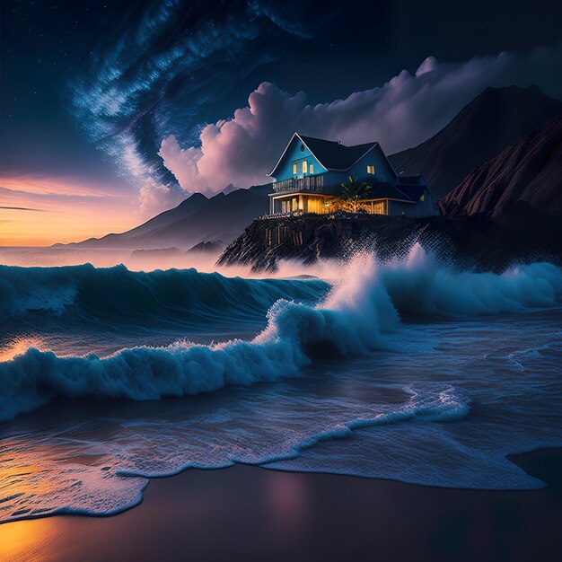 A house on a cliff with a dark sky and a house on the right side.
