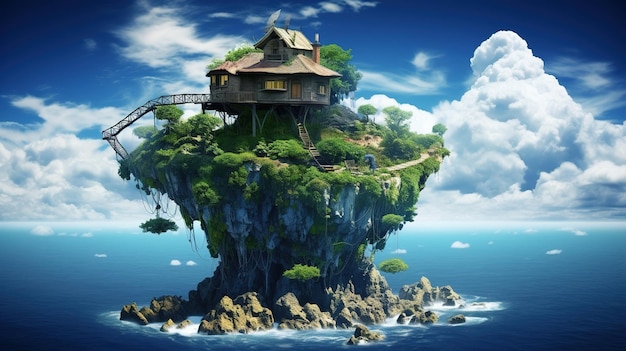 A house on a cliff with a house on the top.