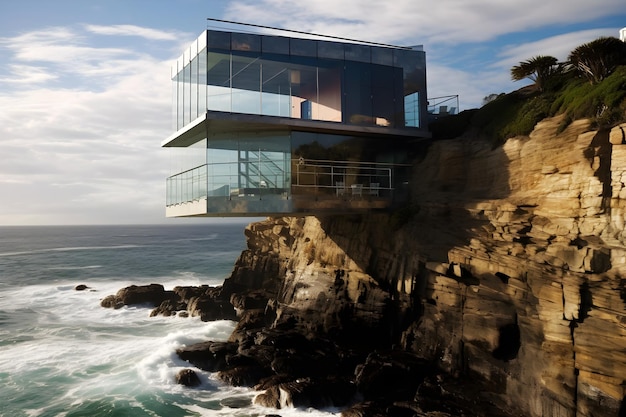 A house on a cliff with a large glass window