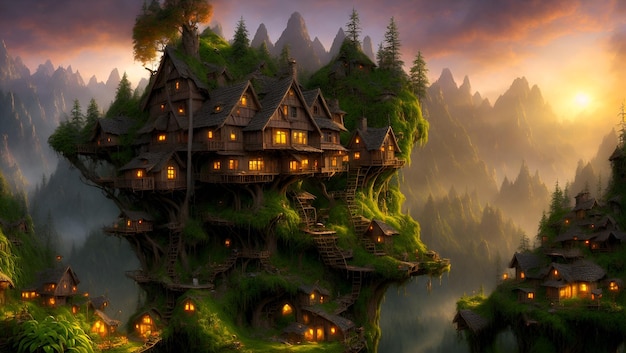 A house on a cliff with a mountain in the background