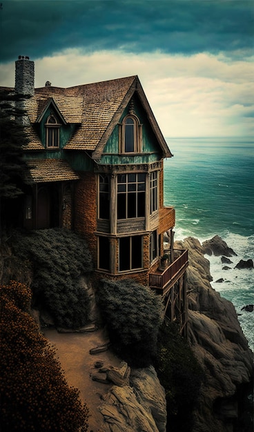 A house on a cliff with the ocean in the background.