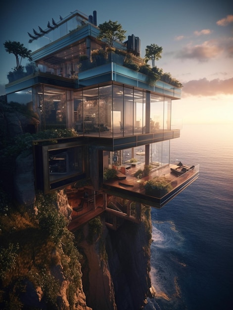 A house on a cliff with a view of the ocean and the sky