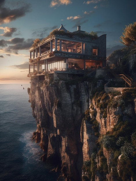 A house on a cliff with a view of the ocean.