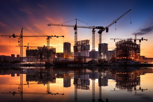 Photo house and construction cranes and