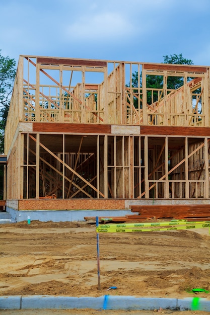 House under construction timber frame for a progressing house.