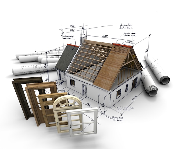 設計図と窓やドアの選択を備えた建設中の家
