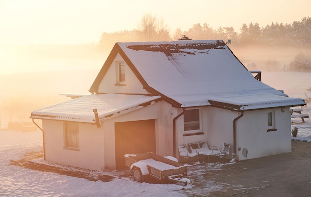 House in the country Orange sunrise during morning mist