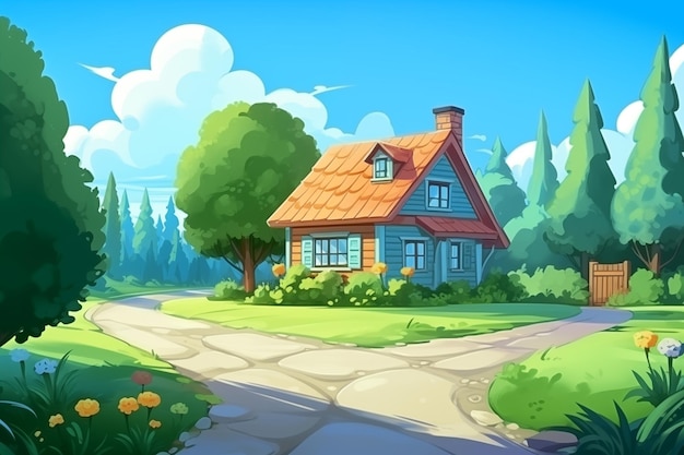 House in the countryside next to big tree cartoon style Generate Ai