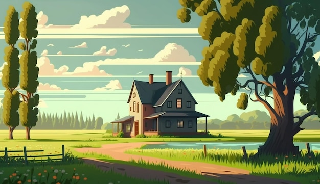 A house in the countryside with a lake in the background