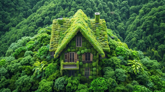 House covered in green plants in forest