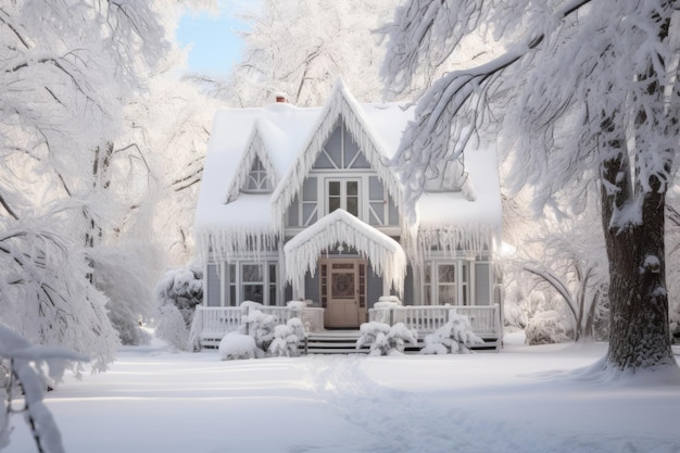 The house covered in a thick blanket of snow Snow covered suburban cottage Generative AI illustration