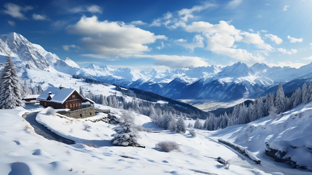 산 배경에 눈과 흰 구름으로 덮인 집
