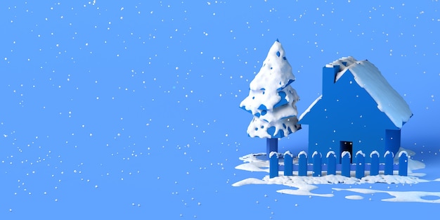 House covered with snow in winter. Copy space. 3D illustration.