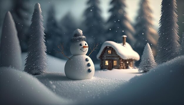 크리스마스 숲 소나무 AI 생성에서 귀엽고 눈사람 빈티지 집