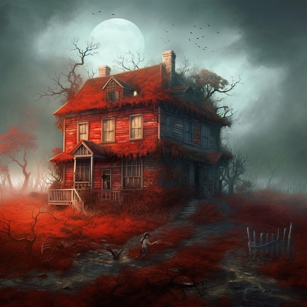 Foto una casa in un paesaggio buio con un tetto rosso e una luna sullo sfondo.