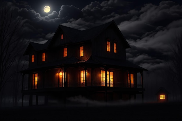 A house on a dark night with the moon in the background.
