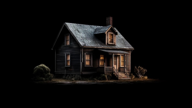 A house in the dark with the light on