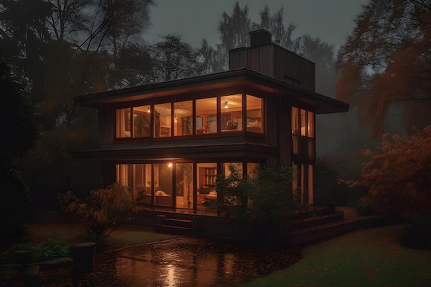 A house in the dark with a lit up window