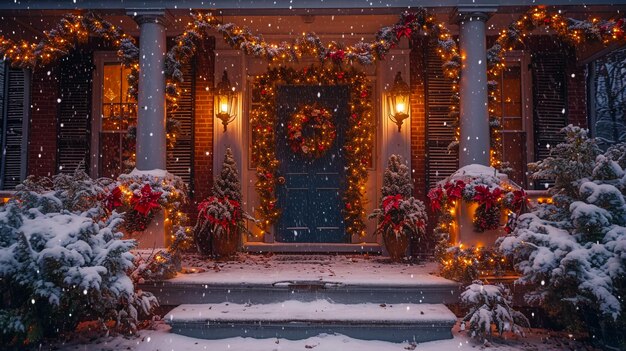 Foto casa decorata per natale fuori cortile interno di strada vintage con porta dell'albero e luci