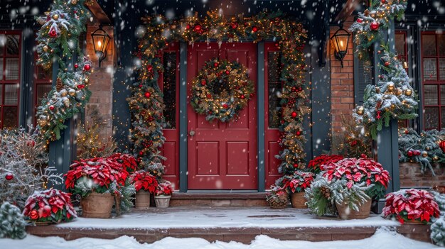 Foto casa decorata per natale fuori cortile interno di strada vintage con porta dell'albero e luci