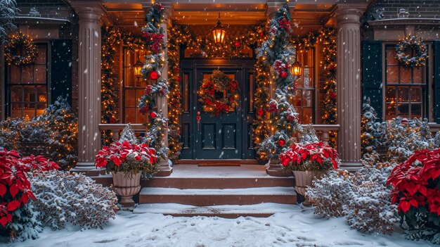 写真 クリスマスに装飾された家 外庭 ヴィンテージストリートインテリア ツリードアとライト