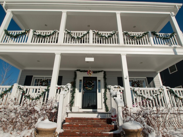 House decorated for winter holidays.