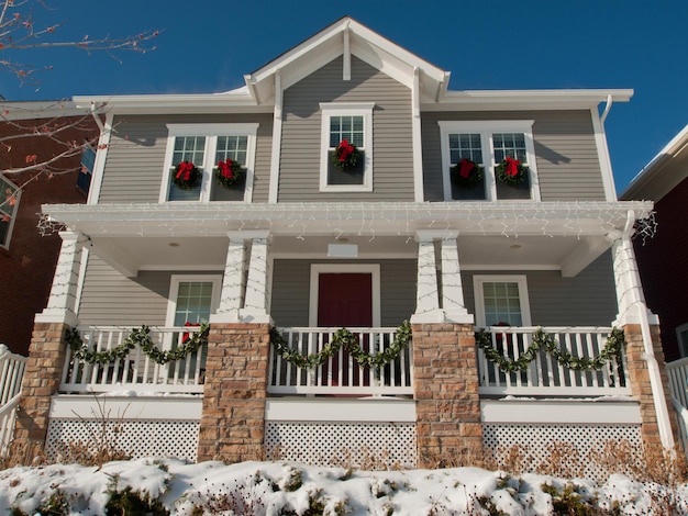 House decorated for winter holidays.