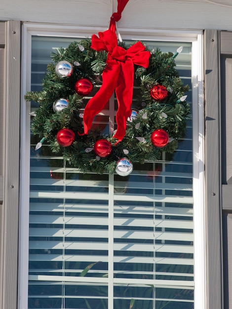 House decorated for winter holidays.