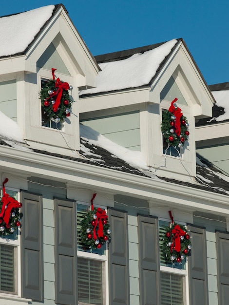 House decorated for winter holidays.