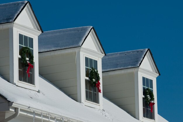 House decorated for winter holidays.