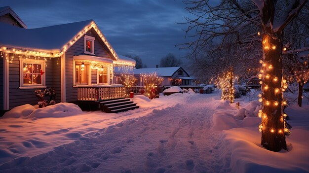 A house decorated with Christmas garlands