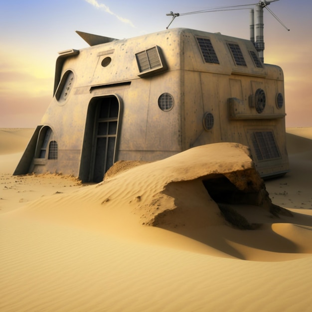 A house in the desert has a large hole in the middle of it.