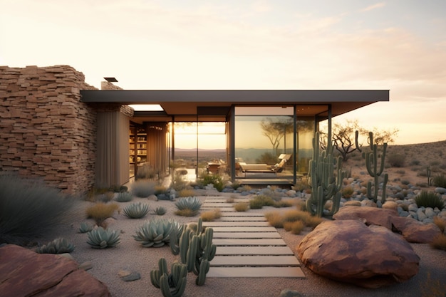 A house in the desert with a cactus garden in the foreground