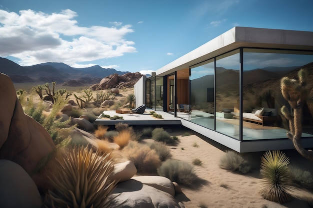 A house in the desert with mountains in the background