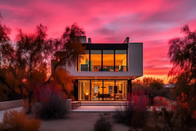 A house in the desert with a pink sky and the words