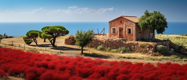 a house in a desert with a red flower in the foreground