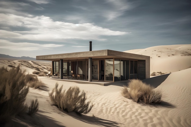 A house in the desert with a sky background