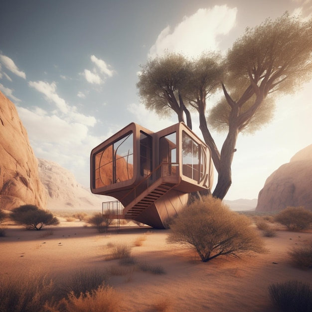 A house in the desert with a tree in front of it