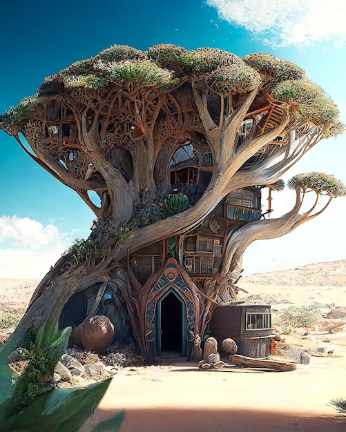 A house in the desert with a tree house on the front.