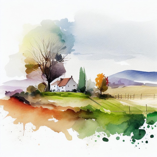 House in the distance among meadows watercolor style Generative AI